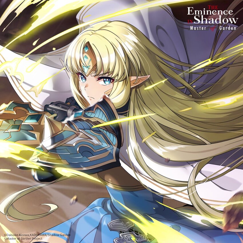 armor, blonde_hair, blue_eyes, closed_mouth, dress, elf, gloves, greyscale