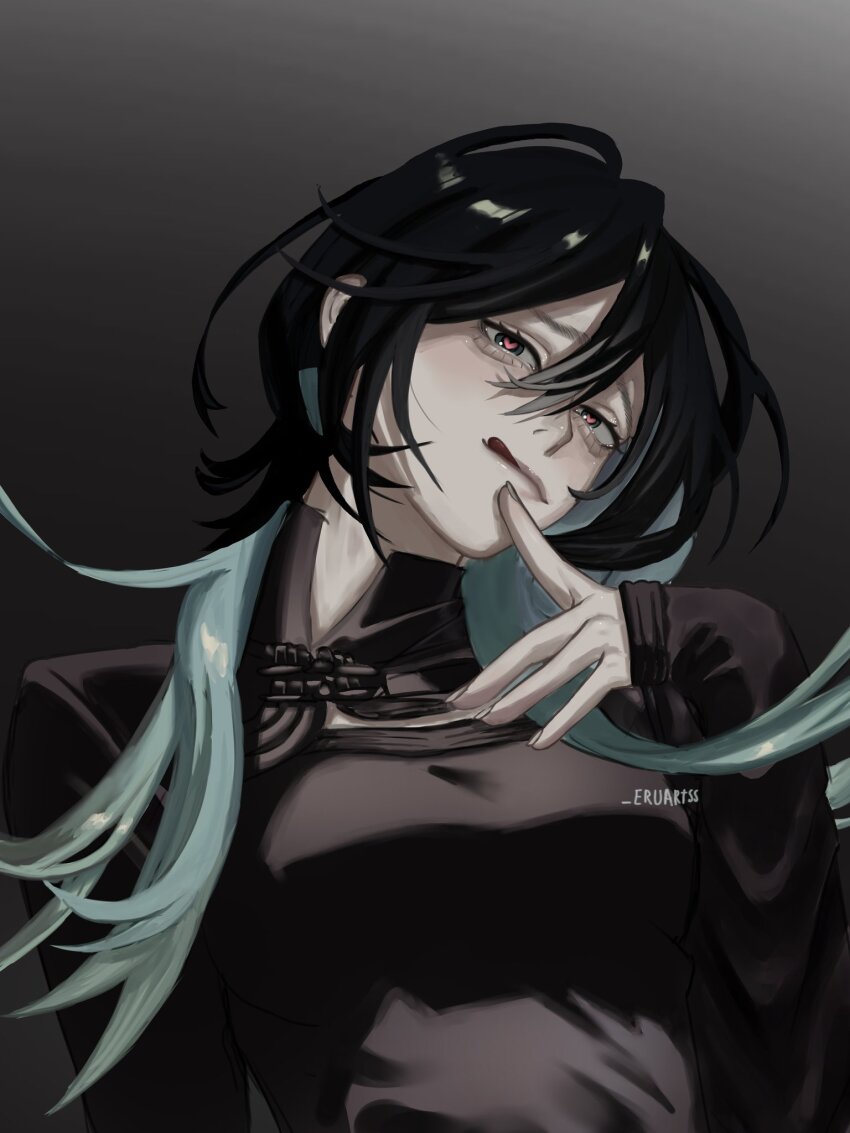 1girl, black_hair, blonde_hair, blush, brown_hair, erunaria7, gokurakugai, highres, long_hair, looking_at_viewer, open_mouth, shirt, simple_background, smile, solo, utsuro_(gokurakugai)