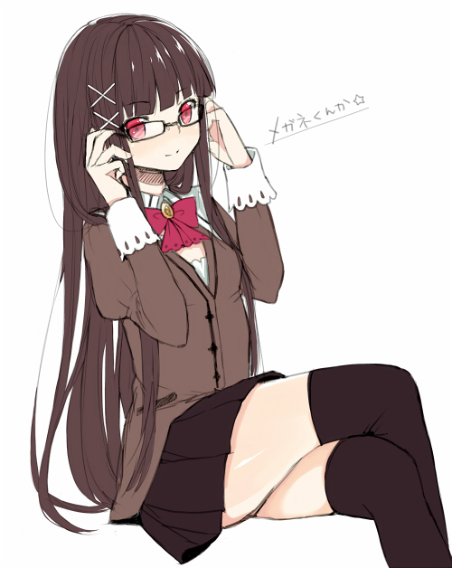 1girl, black_hair, blunt_bangs, brooch, crossed_legs, female_focus, glasses, hair_tie, hasuhadera_kunka, hime_cut, jewelry, kurasawa_moko, long_hair, original, red_eyes, school_uniform, simple_background, sitting, skirt, smile, solo, thighhighs, thighs, zettai_ryouiki