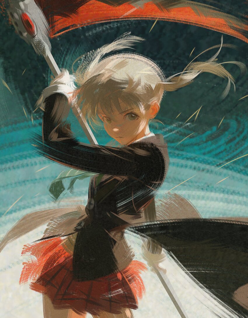 1girl, absurdres, black_coat, blonde_hair, brush_stroke, closed_mouth, coat, cowboy_shot