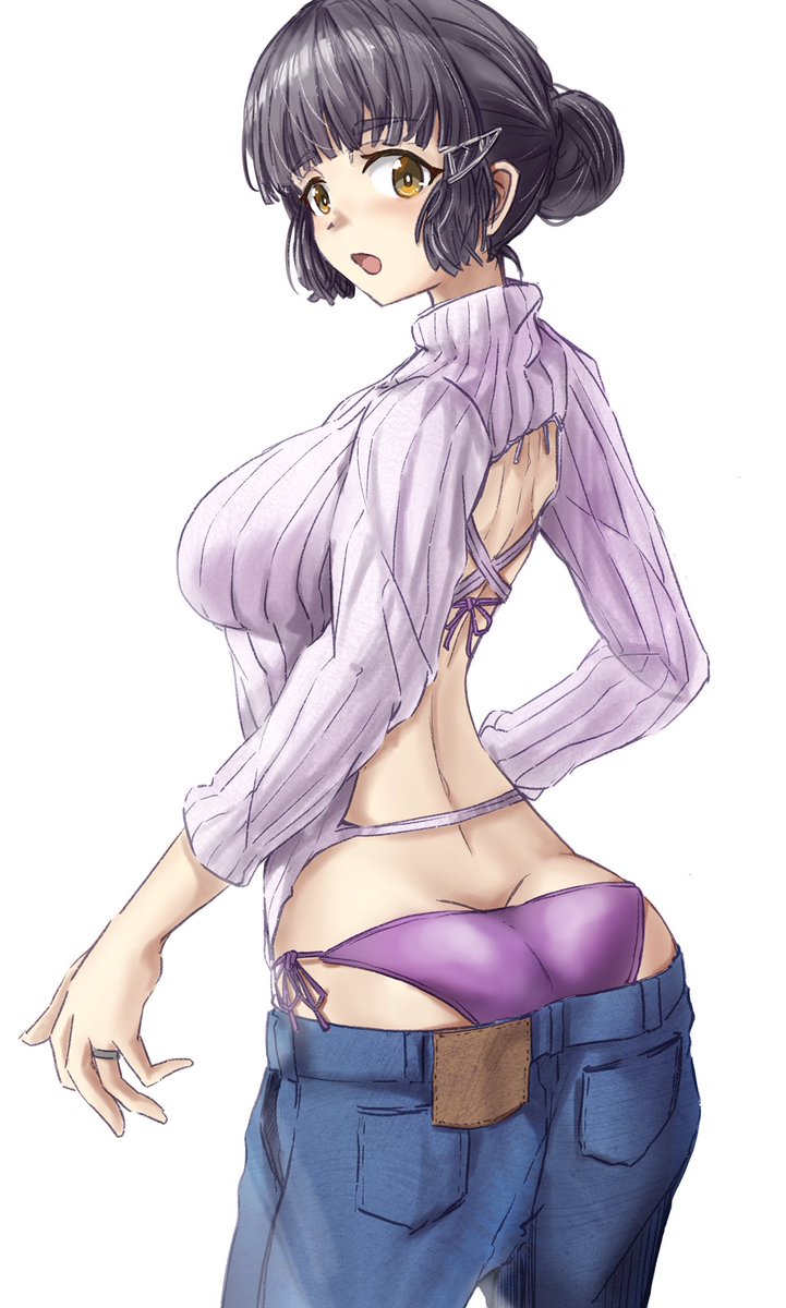 1girl, alternate_costume, ass, black_hair, braid, braided_bun, breasts, butt_crack