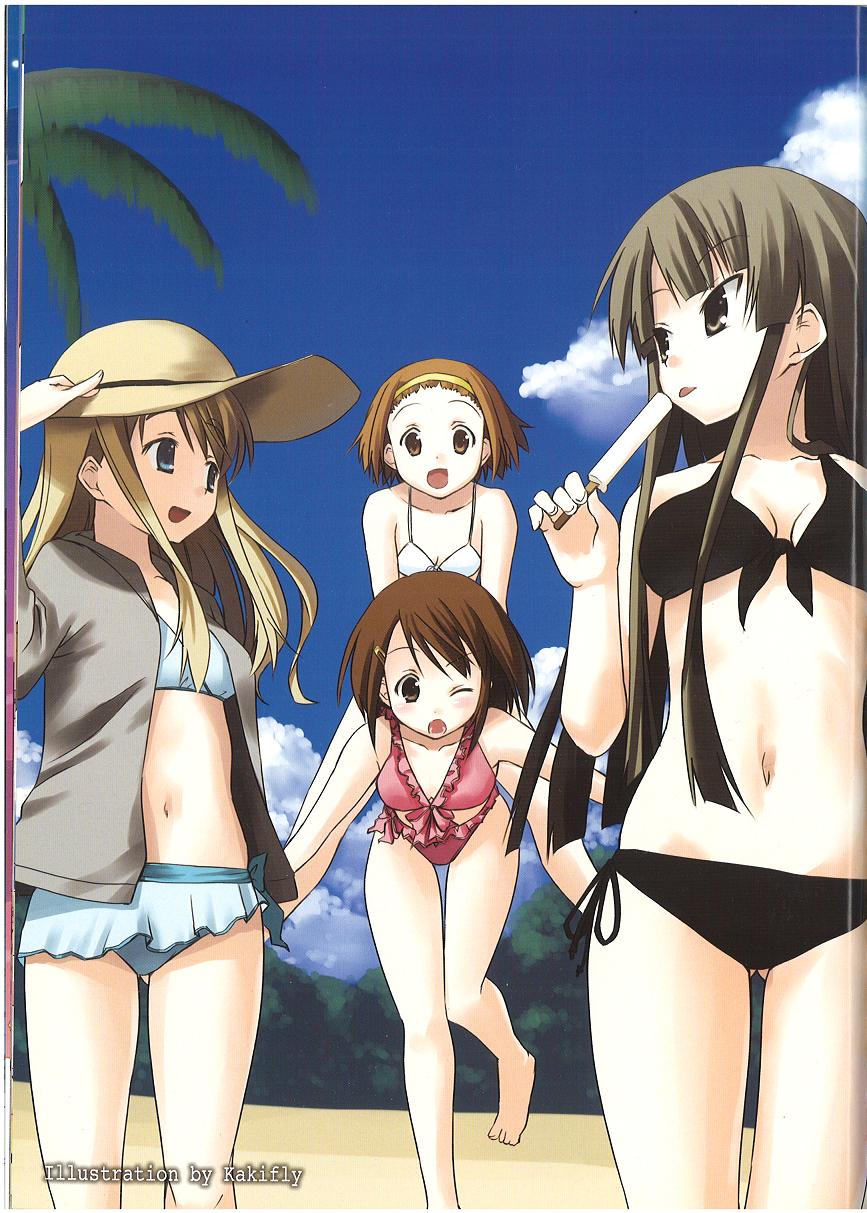 4girls, :d, akiyama_mio, barefoot, bikini, cloud, day, food