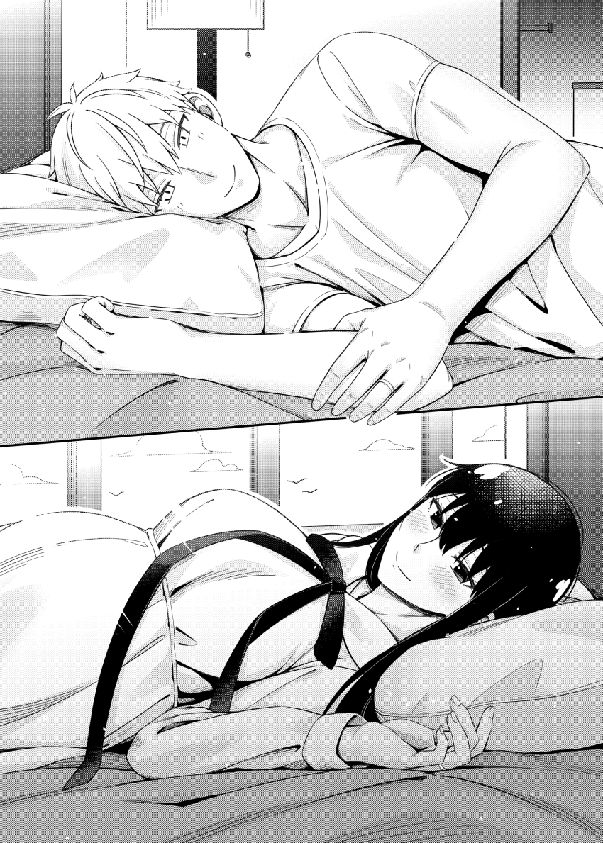1boy, 1girl, absurdres, bed, bed_sheet, bedroom, black_hair, blanket, blush, breasts, cleavage, commission, female_pov, greyscale, highres, husband_and_wife, indoors, large_breasts, long_hair, looking_at_viewer, lying, maomi_wo, monochrome, on_bed, pajamas, pillow, pixiv_commission, pov, pregnant, sidelocks, smile, spy_x_family, twilight_(spy_x_family), window, yor_briar
