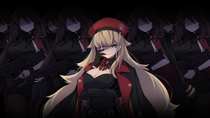 6+girls, absurdres, arm_under_breasts, assault_rifle, beret, black_coat, black_gloves, black_ribbon