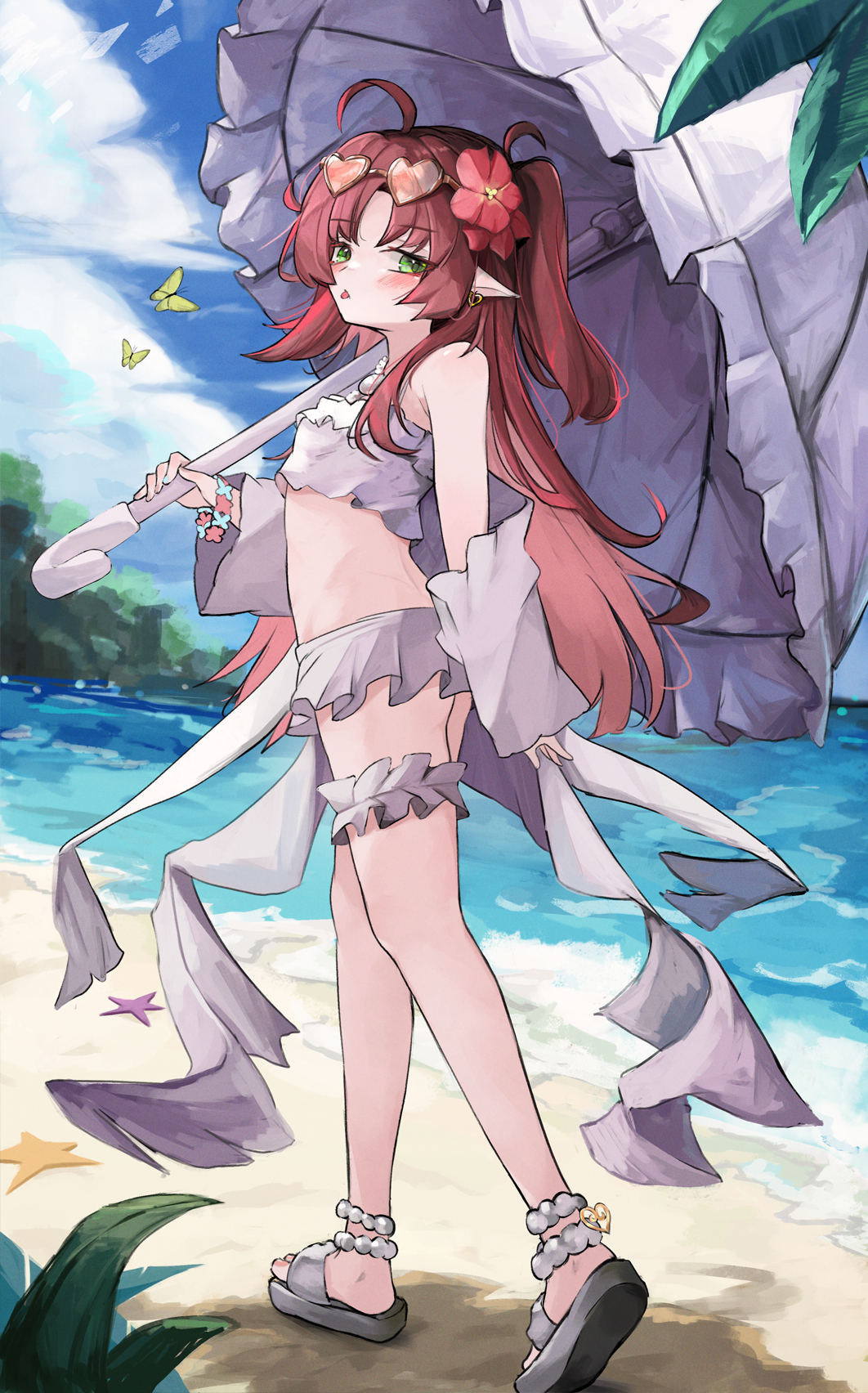 1girl, ahoge, arknights, beach, bikini, blush, bracelet, breasts