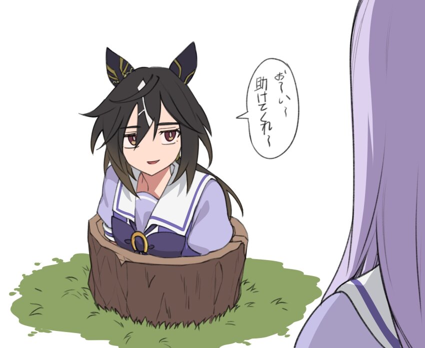 2girls, black_hair, bow, bowtie, brown_eyes, brown_hair, ear_covers, fukuro_(maruaru00), god_hannibal_(umamusume), gradient_hair, hashtag-only_commentary, highres, horseshoe_ornament, long_hair, looking_at_another, mejiro_mcqueen_(umamusume), multicolored_hair, multiple_girls, puffy_short_sleeves, puffy_sleeves, purple_bow, purple_bowtie, purple_hair, purple_shirt, sailor_collar, sailor_shirt, school_uniform, shirt, short_sleeves, solo_focus, stay_gold_(umamusume), streaked_hair, stuck, tracen_school_uniform, tree_stump, umamusume, umamusume:_cinderella_gray, white_background, white_hair