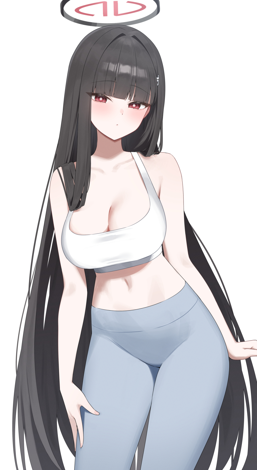 1girl, absurdres, black_hair, black_halo, blue_archive, blunt_bangs, blush, breasts