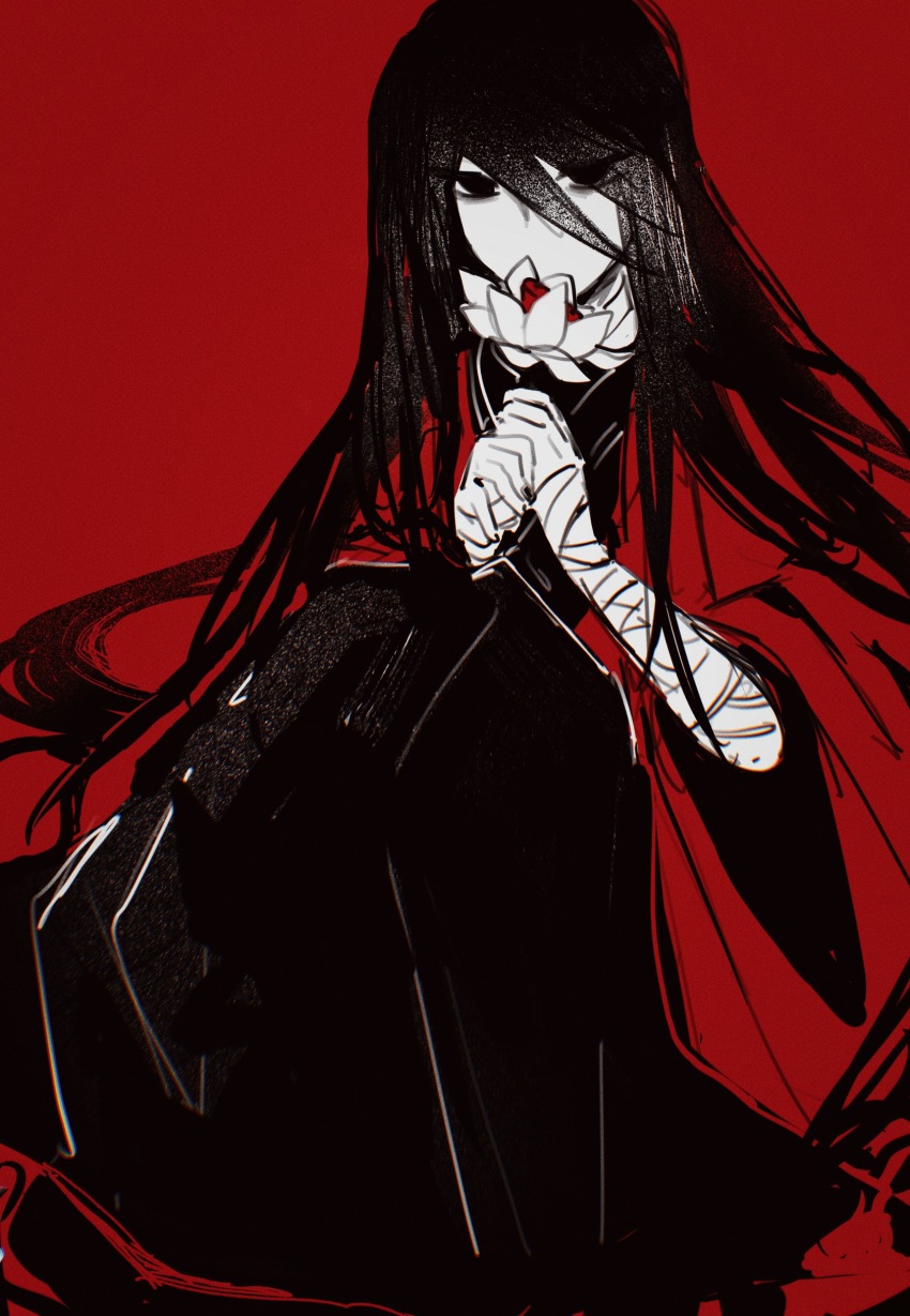 1boy, absurdly_long_hair, absurdres, alternate_hair_length_(longer), bandaged_arm, bandaged_neck, bandages, banquluming, black_eyes, black_hair, black_hanfu, black_nails, chinese_clothes, chinese_commentary, coat, dao_gui_yi_xian, flower, flower_over_mouth, hair_down, hanfu, highres, holding, holding_flower, ji_zai, knees_up, li_huowang, limited_palette, long_hair, looking_at_viewer, lotus, nail_polish, official_alternate_hairstyle, partially_colored, red_background, red_coat, red_theme, simple_background, sitting, solo, very_long_hair, wide_sleeves