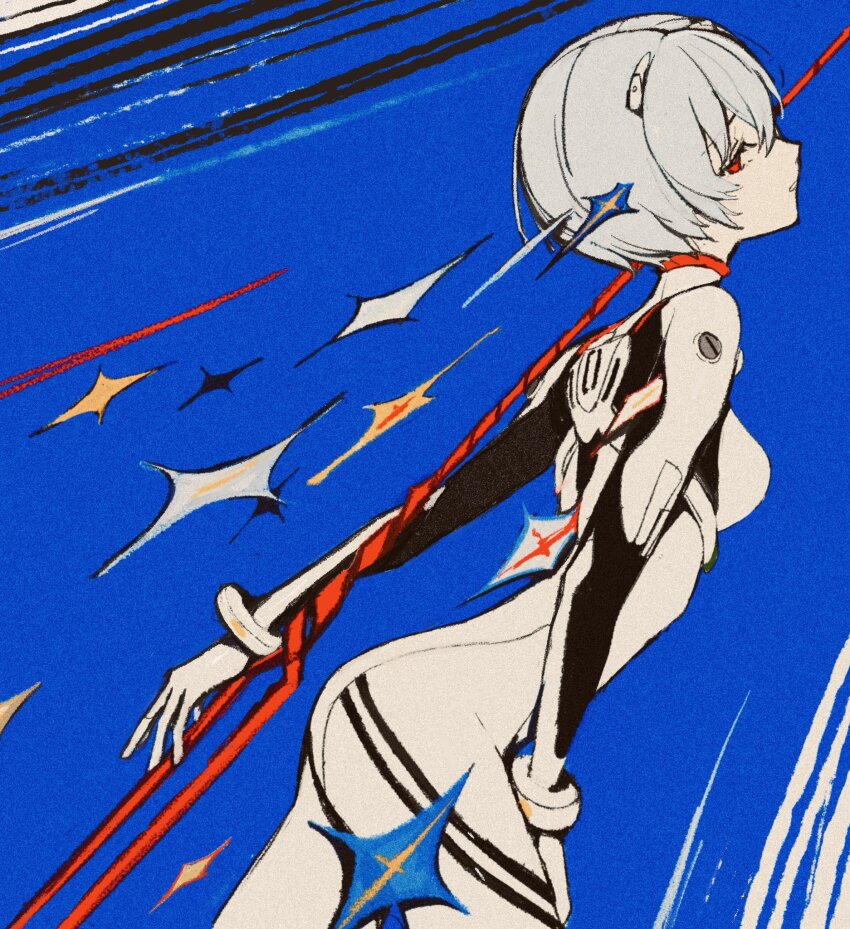 1girl, ass, ayanami_rei, blue_background, bodysuit, breasts, commentary, cowboy_shot