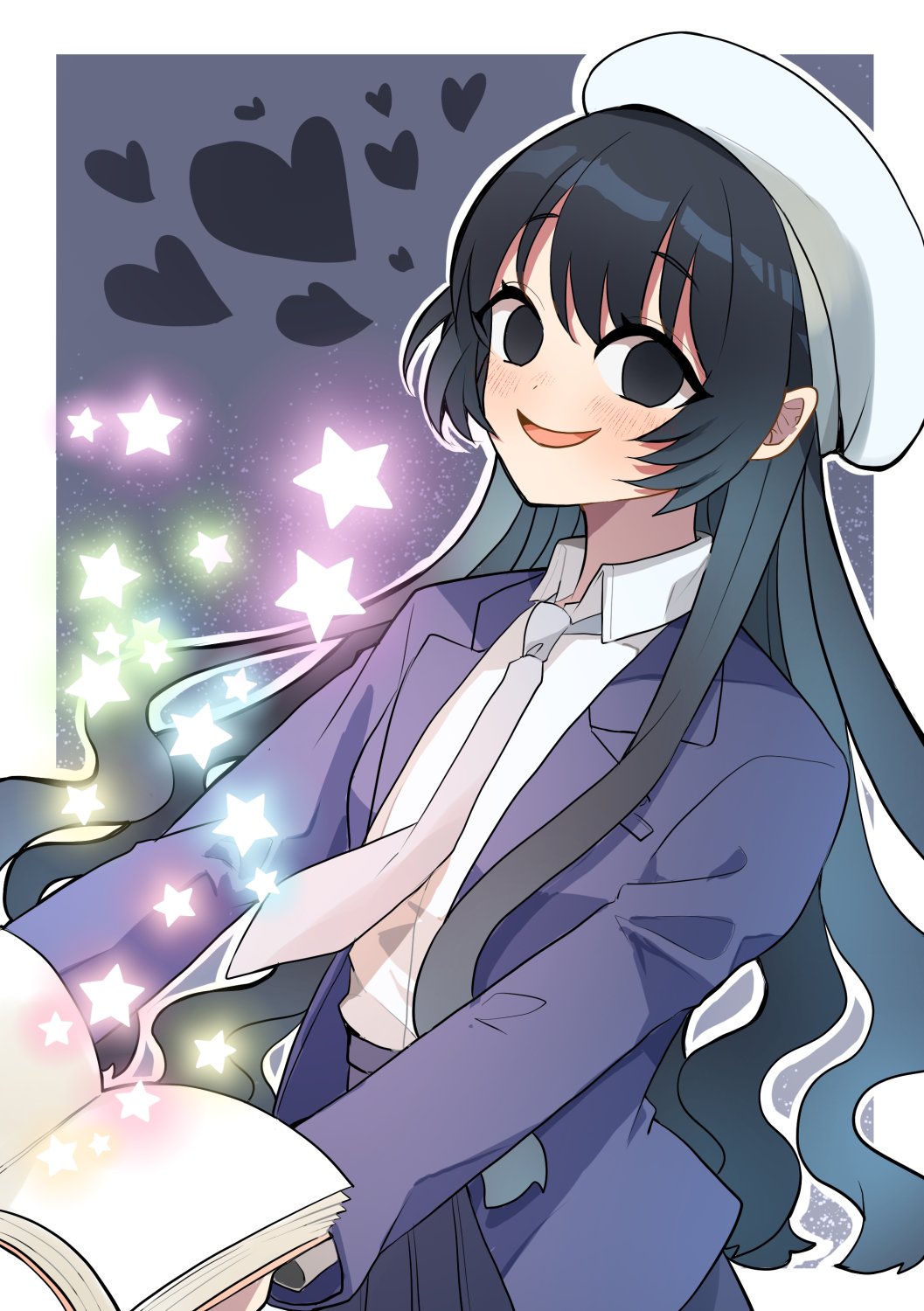 1girl, beret, black_background, black_hair, blank_eyes, blush, book, chacha_kamimaru