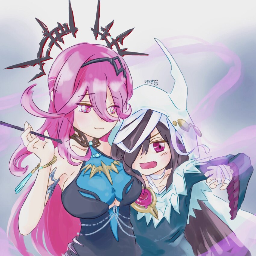 2girls, anpanwonageru, black_hair, breasts, cleavage, covered_eyes, hair_over_one_eye, heaven_burns_red