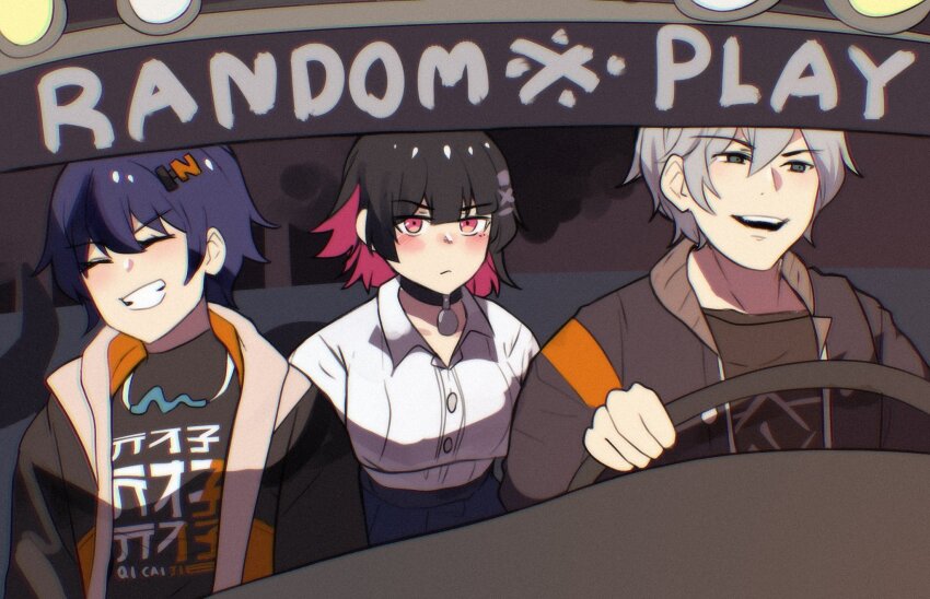 1boy, 2girls, belle_(zenless_zone_zero), black_hair, colored_inner_hair, commentary, ellen_joe, grey_hair