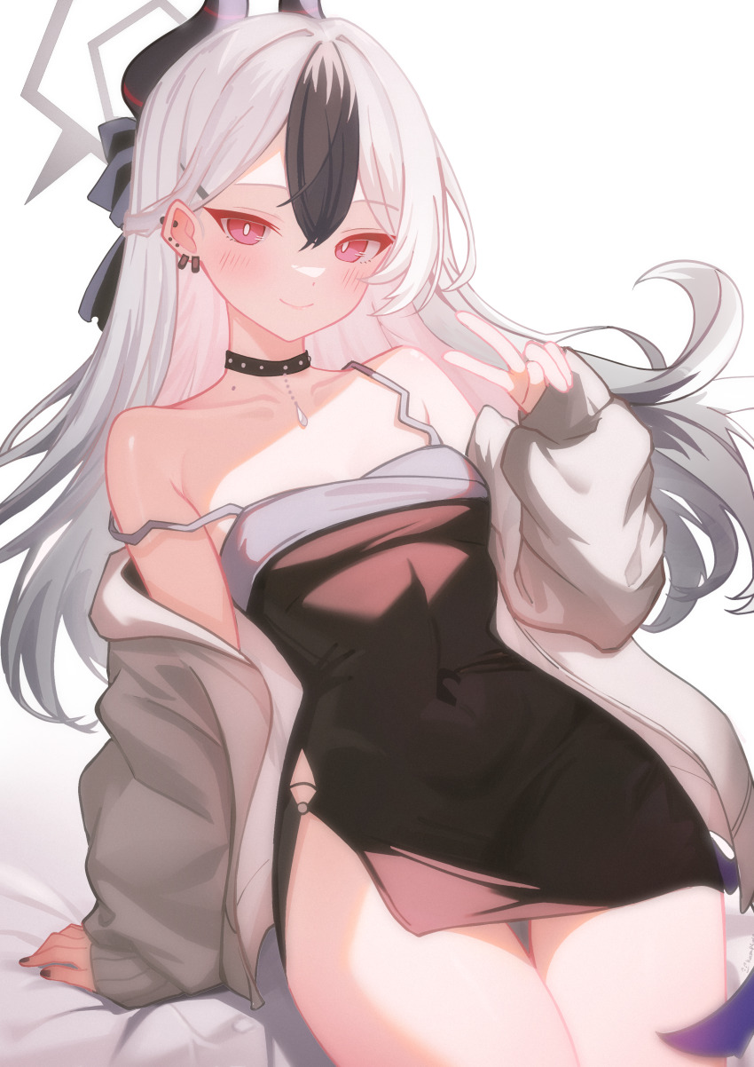 1girl, absurdres, black_dress, black_horns, blue_archive, closed_mouth, commentary_request, covered_navel, cowboy_shot, dress, ear_piercing, grey_hair, grey_halo, grey_jacket, halo, hand_up, highres, horns, jacket, kampswe_galong, kayoko_(blue_archive), kayoko_(dress)_(blue_archive), long_hair, looking_at_viewer, mole, mole_on_shoulder, off_shoulder, official_alternate_costume, piercing, pink_eyes, sleeves_past_wrists, smile, solo, strap_slip, v