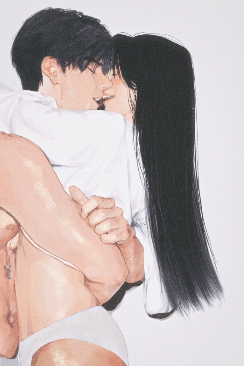 1boy, 1girl, arms_around_another's_waist, black_hair, blush, caleb_(love_and_deepspace), closed_eyes, couple, from_side, hetero, highres, hood, hoodie, hug, imminent_kiss, large_pectorals, long_hair, love_and_deepspace, lxlijin0808, open_mouth, panties, pectorals, pink_lips, protagonist_(love_and_deepspace), short_hair, simple_background, straight_hair, topless_male, underwear, white_background, white_hoodie, white_panties