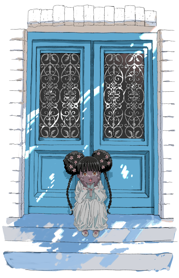 1girl, afro_puffs, black_hair, braid, brown_eyes, child, commentary, dark-skinned_female