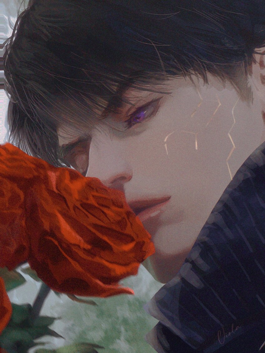 1boy, artist_name, black_hair, black_sweater, caleb_(love_and_deepspace), close-up, cyborg, flower