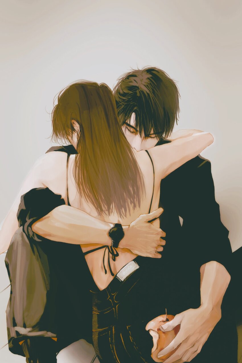 1boy, 1girl, apple, bitten_apple, black_bra, black_hair, black_pants, bra