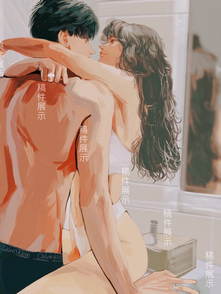 1boy, 1girl, arms_around_neck, bathroom, black_hair, black_male_underwear, blue_eyes, bra, brown_hair, commission, couple, earrings, hetero, highres, indoors, jewelry, long_hair, love_and_deepspace, lxlijin0808, male_underwear, panties, protagonist_(love_and_deepspace), short_hair, sitting, stud_earrings, underwear, wavy_hair, white_bra, white_panties, zayne_(love_and_deepspace)