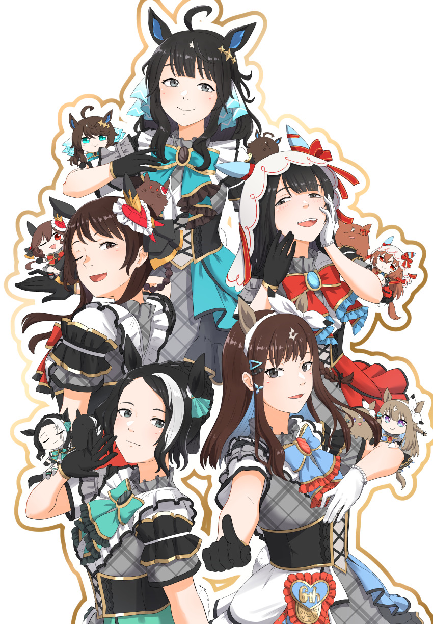 6+girls, :>, absurdres, ahoge, almond_eye_(umamusume), alternate_costume, animal_ears, black_hair