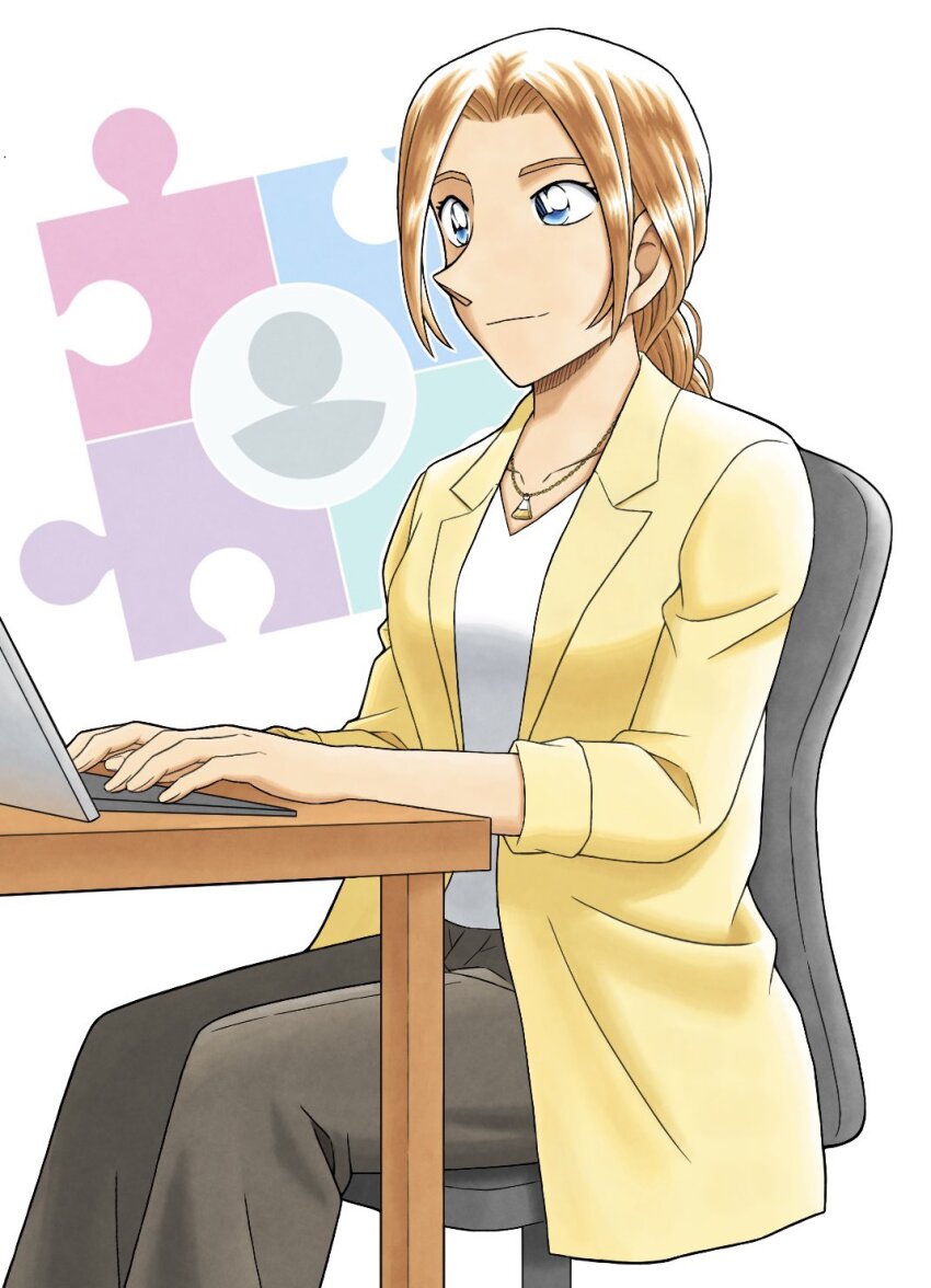 1girl, blue_eyes, braid, brown_hair, chair, closed_mouth, collarbone, computer