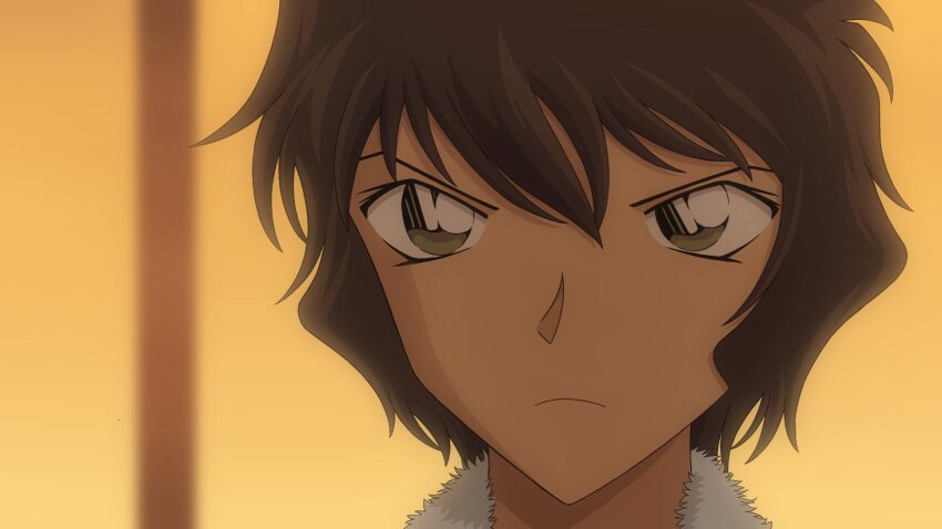 1girl, black_hair, close-up, closed_mouth, evening, gimlet-conan, green_eyes, highres, meitantei_conan, official_style, orange_sky, sera_masumi, short_hair, sky, solo