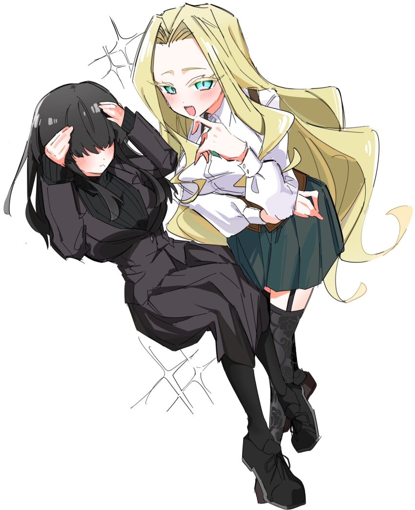 2girls, :d, black_garter_straps, black_hair, black_jacket, black_pantyhose, black_shoes, black_skirt