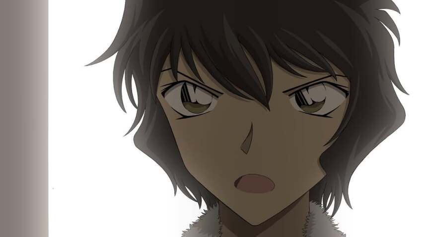 1girl, backlighting, black_hair, close-up, gimlet-conan, green_eyes, looking_at_viewer, meitantei_conan, official_style, open_mouth, sera_masumi, short_hair, solo