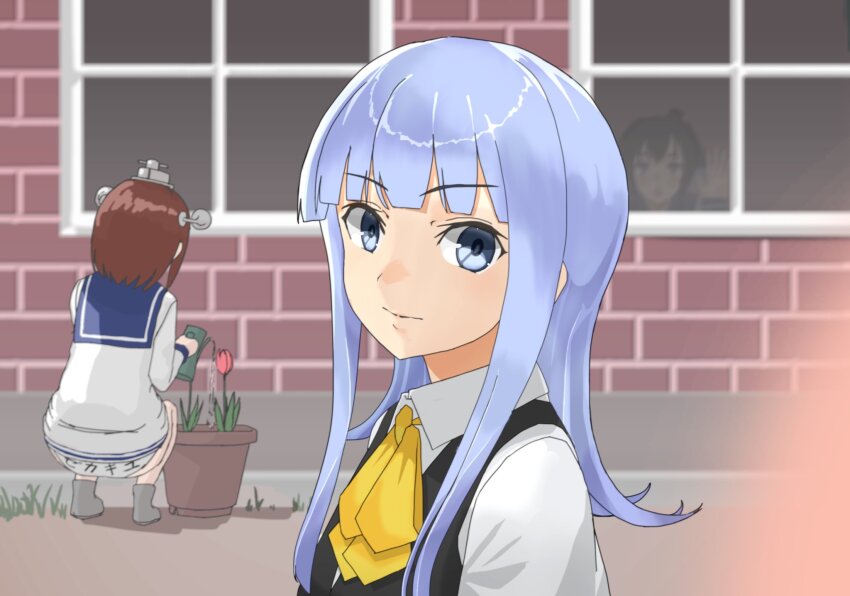 3girls, blue_eyes, blue_hair, blunt_bangs, bow, bowtie, collared_shirt, dress_shirt