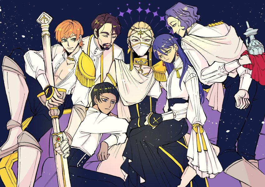 2girls, 4boys, atharv, beard, black_hair, blonde_hair, blue_eyes, brown_eyes