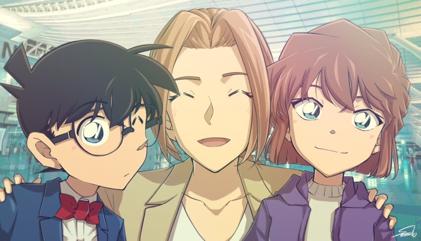 1boy, 2girls, ^_^, airport, black-framed_eyewear, black_hair, blue_eyes, blue_jacket