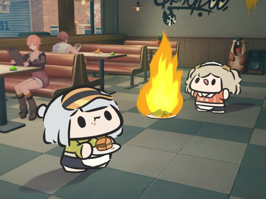 1boy, 3girls, anby_demara, anby_demara_(operation_yum_2025), blonde_hair, burger, burnice_white, burnice_white_(operation_yum_2025)