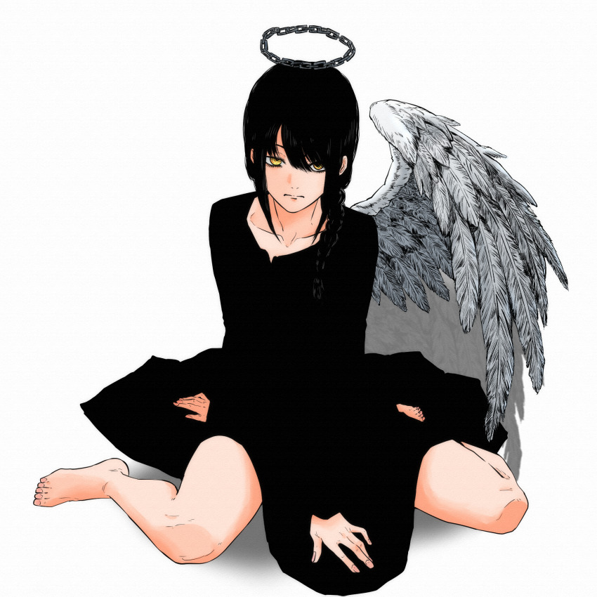 1girl, bare_legs, barefoot, black_dress, black_hair, braid, braided_ponytail, chain_halo, chainsaw_man, collarbone, dress, feathered_wings, full_body, grey_wings, halo, highres, isuke_(isuke_now), long_hair, long_sleeves, looking_at_viewer, nayuta_(chainsaw_man), ringed_eyes, sidelocks, simple_background, single_wing, solo, toes, white_background, wings, yellow_eyes