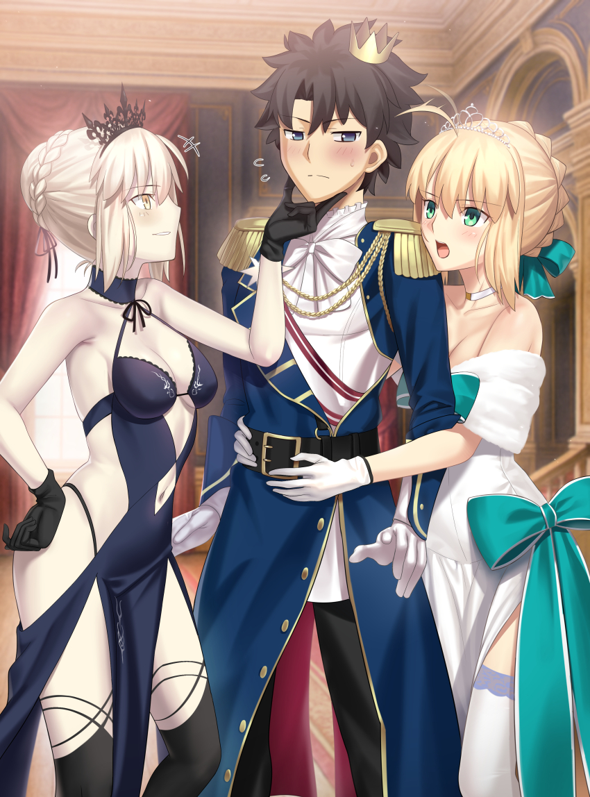 1boy, 2girls, absurdres, ahoge, aiguillette, artoria_pendragon_(fate), bare_shoulders, belt, besmiled, black_gloves, black_hair, black_pants, black_thighhighs, blonde_hair, blue_dress, blue_eyes, blue_jacket, blush, braid, breasts, choker, cleavage, clothing_cutout, crown, dress, epaulettes, fate/grand_order, fate_(series), fujimaru_ritsuka_(male), fujimaru_ritsuka_(male)_(halloween_royalty), gloves, green_eyes, grin, hair_bun, hair_ribbon, highres, jacket, long_hair, medium_breasts, mini_crown, multiple_girls, navel, navel_cutout, off_shoulder, pants, ribbon, saber_(fate), saber_(formal_dress)_(fate), saber_alter, saber_alter_(swimsuit_rider)_(third_ascension), shirt, sidelocks, smile, thighhighs, thighs, tiara, white_dress, white_shirt, white_thighhighs, yellow_eyes