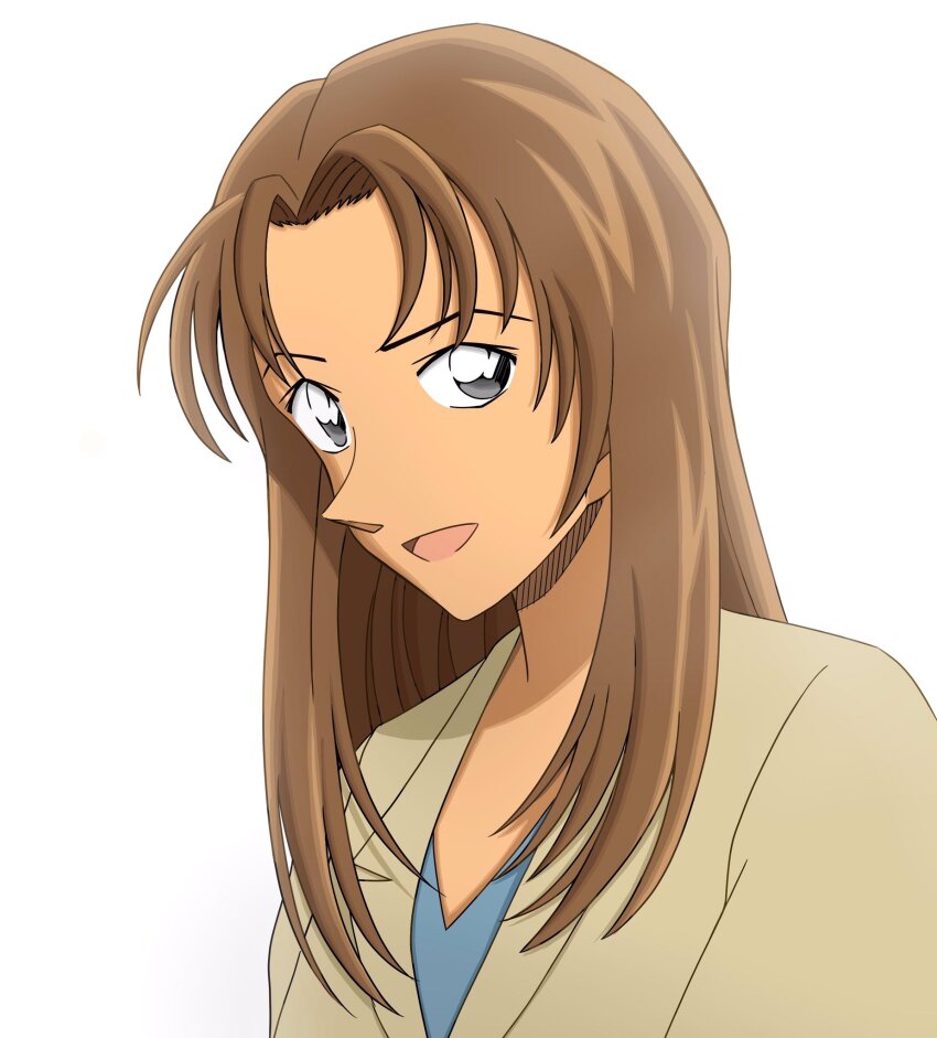 1girl, blue_shirt, brown_hair, brown_jacket, gimlet-conan, grey_eyes, highres, jacket