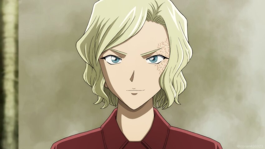 1girl, asymmetrical_hair, blonde_hair, blue_eyes, burn_scar, closed_mouth, gimlet-conan, highres