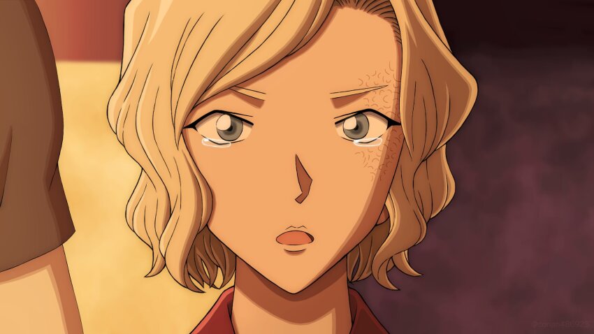 1boy, 1girl, blonde_hair, blue_eyes, burn_scar, evening, gimlet-conan, highres