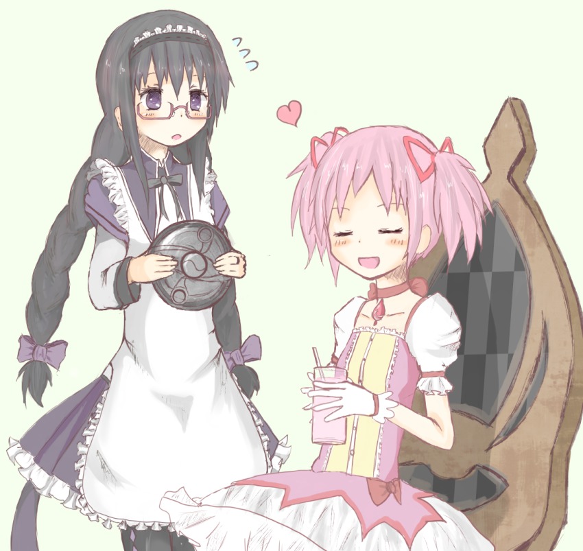 10s, 2girls, akemi_homura, akemi_homura_(magical_girl), apron, black_hair, braid, chair