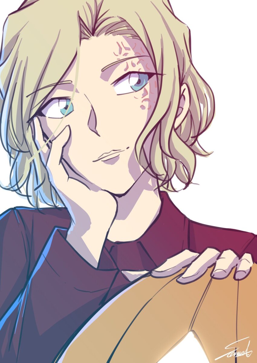 1girl, artist_name, asymmetrical_hair, blonde_hair, burn_scar, closed_mouth, elbow_rest, hand_on_own_cheek