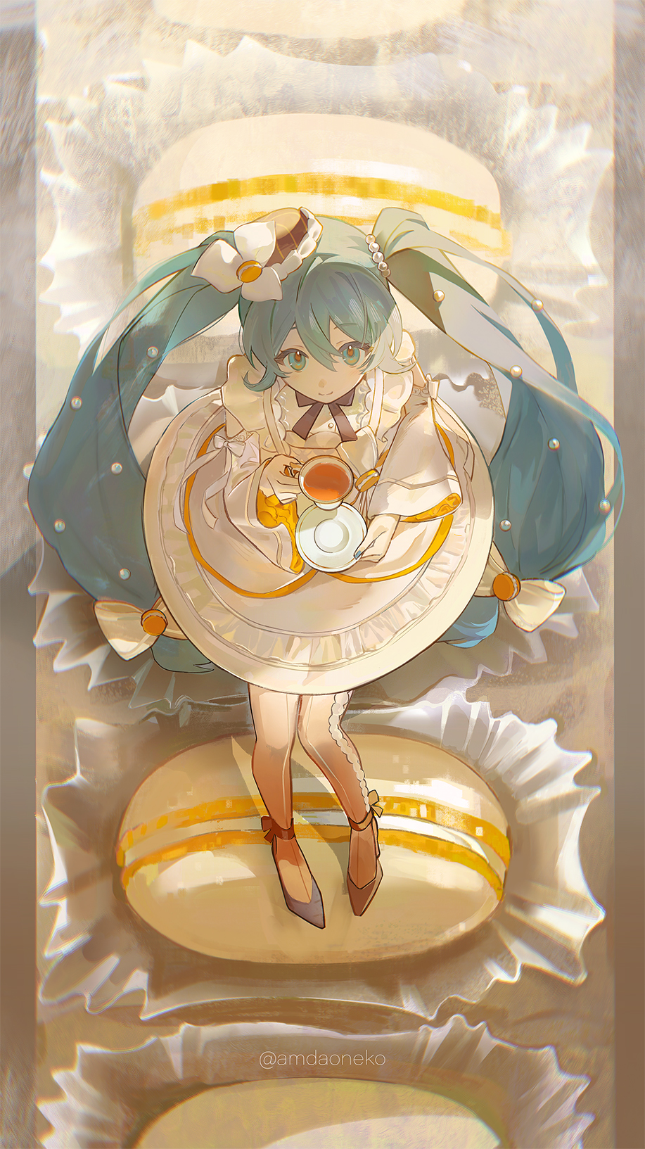 1girl, alternate_costume, amd_aoneko, aqua_eyes, aqua_hair, closed_mouth, dress, from_above