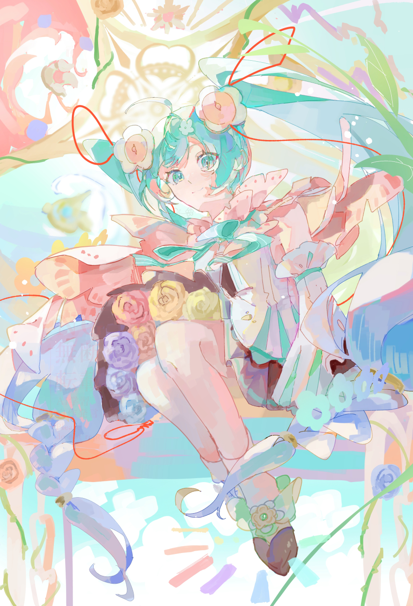 absurdres, ahoge, ankle_socks, aqua_eyes, aqua_hair, aqua_ribbon, bare_legs, bare_shoulders, black_shoes, black_skirt, blue_flower, braid, cape, detached_sleeves, flower, flower_underskirt, hair_flower, hair_ornament, hair_tie, hatsune_miku, highres, long_hair, magical_mirai_(vocaloid), magical_mirai_miku, magical_mirai_miku_(2021), miku39love3, neck_ribbon, pink_cape, red_flower, red_ribbon, ribbon, shirt, shoes, sidelocks, sitting, sketch, skirt, sleeveless, sleeveless_shirt, smile, socks, split_mouth, twintails, very_long_hair, vocaloid, white_shirt, white_sleeves, white_socks, wide_sleeves, yellow_flower