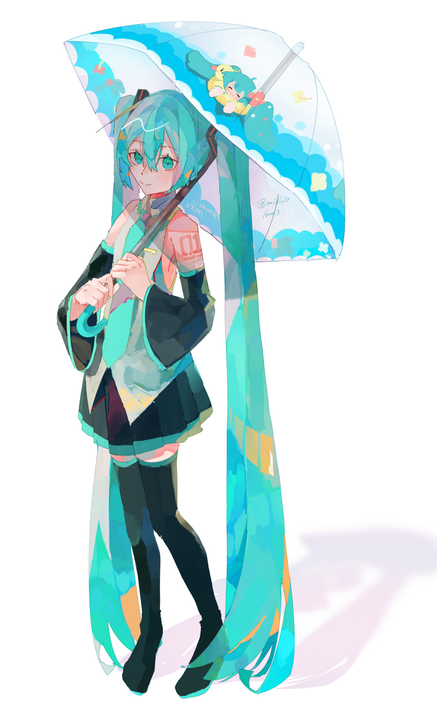 1girl, absurdres, aqua_eyes, aqua_hair, aqua_necktie, bare_shoulders, black_skirt, blue_umbrella