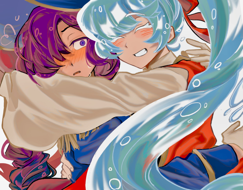 2girls, :d, ^_^, absurdres, blue_hair, blue_hat, blue_jacket, blush