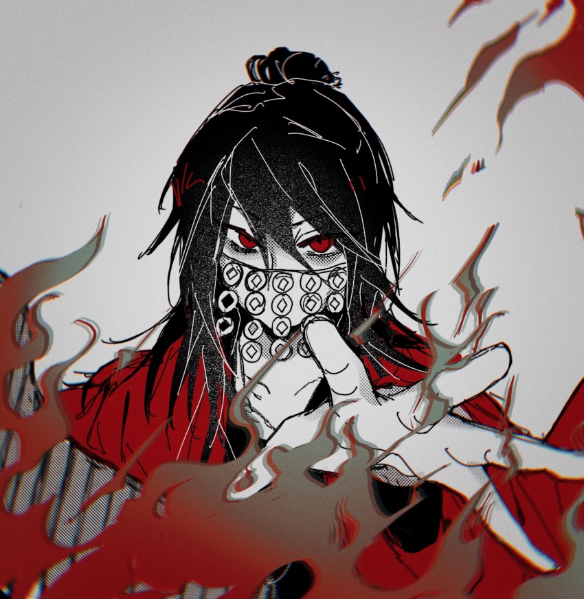 1boy, bags_under_eyes, banquluming, black_hair, black_hanfu, burning, chinese_clothes, chinese_commentary