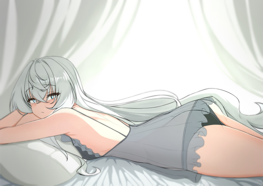 1girl, :/, absurdres, alternate_costume, arm_rest, ass, babydoll, back, bed_sheet, black_panties, bosseon, butt_crack, commentary, counter:side, crossed_bangs, curtains, from_side, hair_between_eyes, highres, horizon_(counter:side), long_hair, looking_at_viewer, looking_back, lying, on_stomach, panties, pillow, raised_eyebrows, see-through_babydoll, see-through_clothes, solo, underwear, very_long_hair, white_hair
