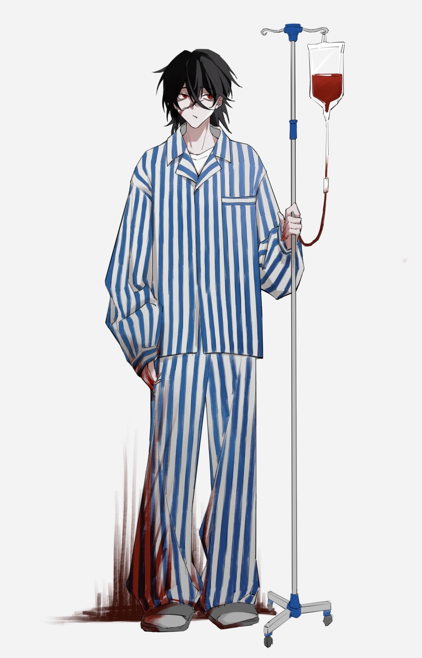 1boy, absurdres, alternate_universe, bags_under_eyes, bandages, black_hair, blood, blood_bag