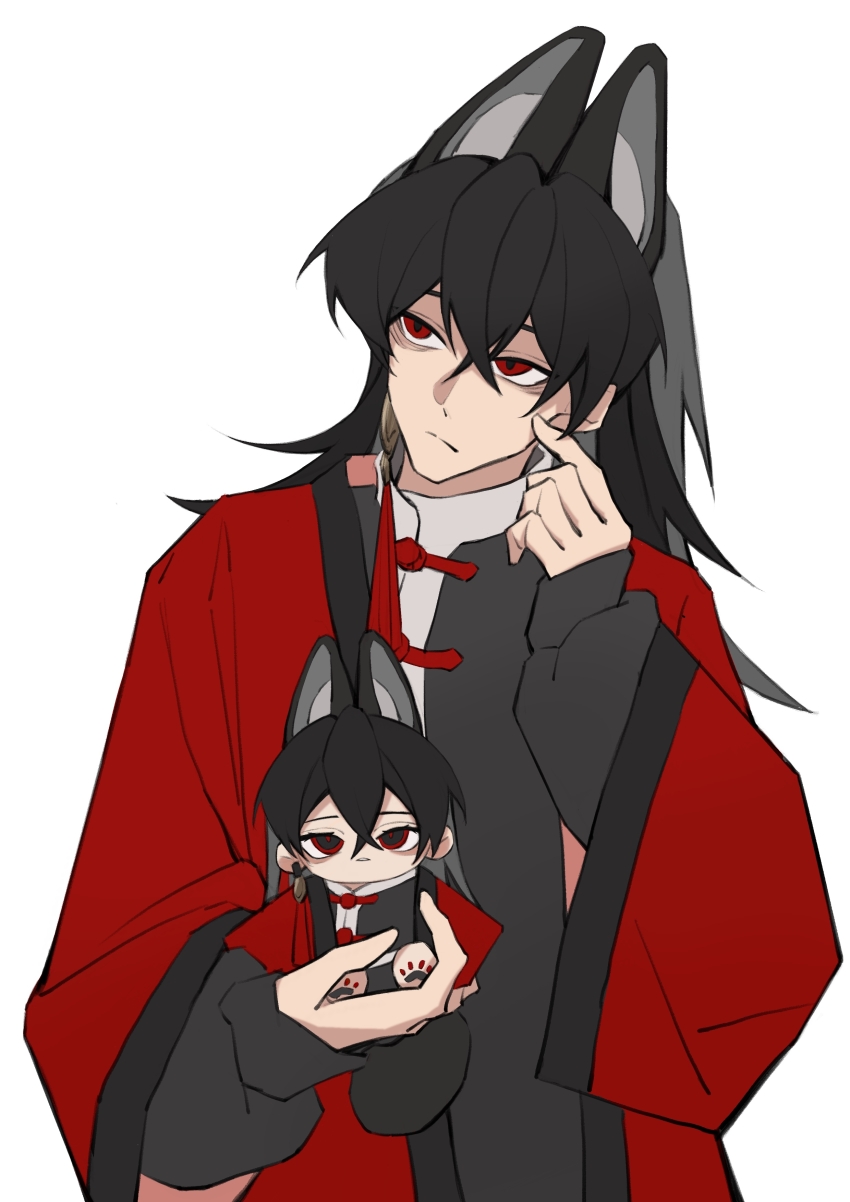1boy, absurdres, animal_ear_fluff, animal_ears, black_hair, black_hanfu, character_doll, chinese_clothes