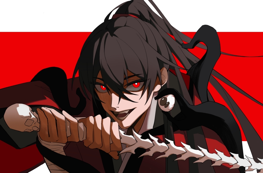 1boy, absurdres, bandaged_arm, bandages, black_hair, bone, chinese_commentary, coat, creature, dao_gui_yi_xian, eyeball, fang, fangs, grey_hanfu, hair_between_eyes, highres, holding, holding_bone, holding_sword, holding_weapon, li_huowang, li_sui_(tentacles), long_hair, long_sleeves, looking_at_viewer, male_focus, open_mouth, ponytail, red_background, red_coat, red_eyes, rongyaoyuni079, simple_background, skull, smile, solo, spine, spine_sword, sword, teeth, tentacles, two-tone_background, upper_body, weapon, white_background