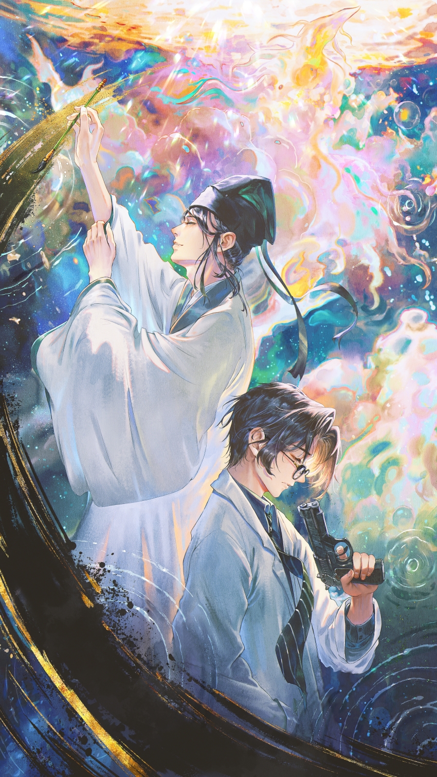 1815983628, 1other, 2boys, absurdres, air_bubble, alternate_universe, arm_up, black_hair