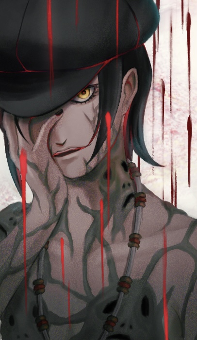 1boy, bead_necklace, beads, black_hair, black_hat, black_nails, body_horror, hand_on_own_face