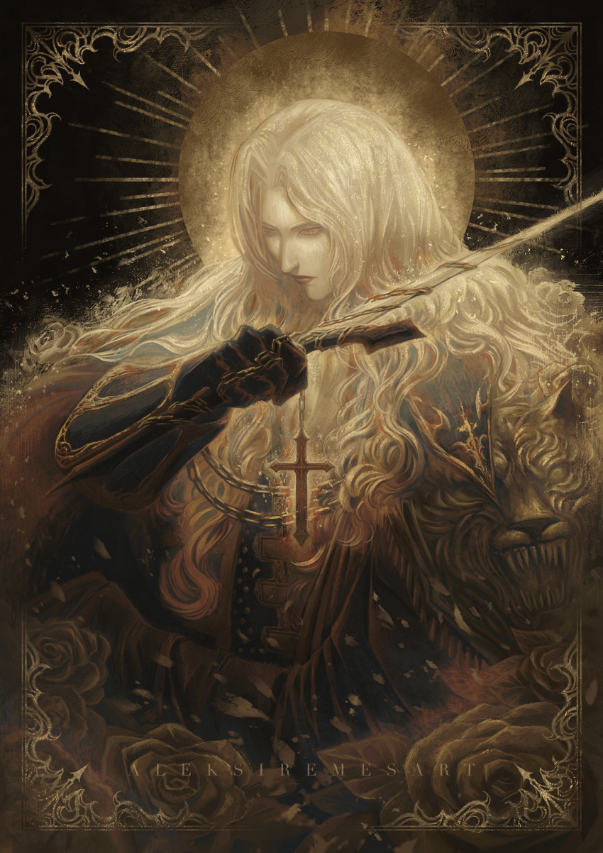 1boy, aleksi_remes, alucard_(castlevania), arm_up, artist_name, black_gloves, castlevania:_symphony_of_the_night, castlevania_(series)